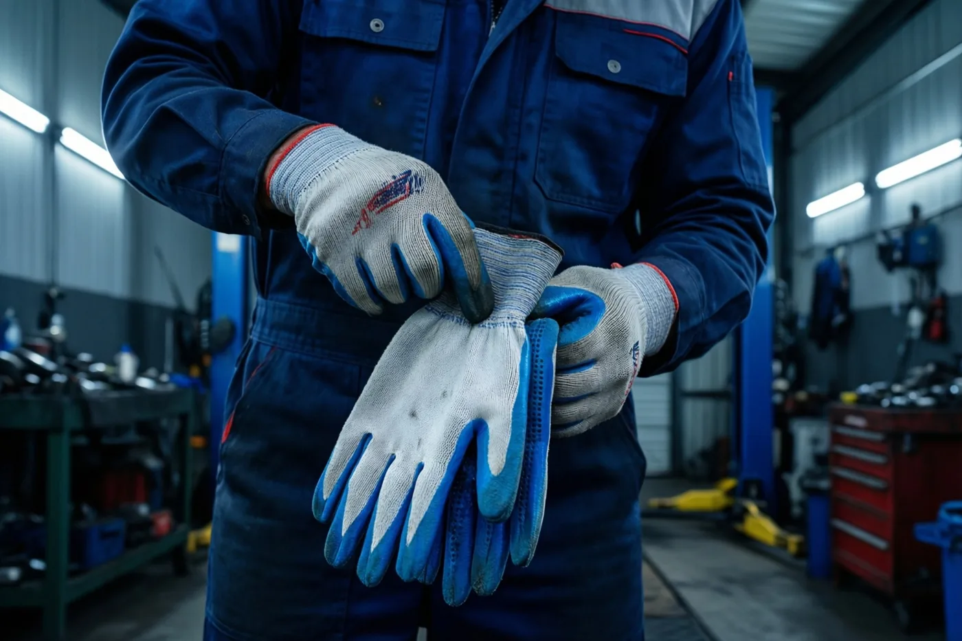 Een mecanicien trekt werkhandschoenen aan in een garage, in een beeld met blauwe, witte en grijze tinten.