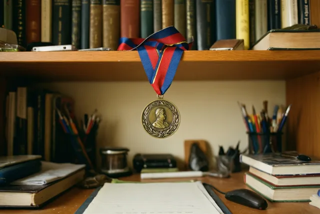Een bronzen medaille aan een rood en blauw lint hangt aan een houten boekenrek boven een bureau vol boeken en schrijfgerei in warm licht.
