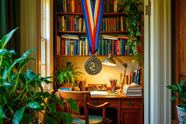 Een medaille met een kleurrijk lint hangt aan een houten boekenrek boven een bureau, verlicht door een bureaulamp en daglicht, met groene potplanten in de kamer.