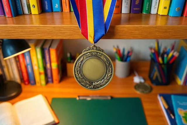 Een bronzen medaille met een kleurrijk lint hangt aan een houten boekenrek boven een bureau met boeken, potloden en een open boek.