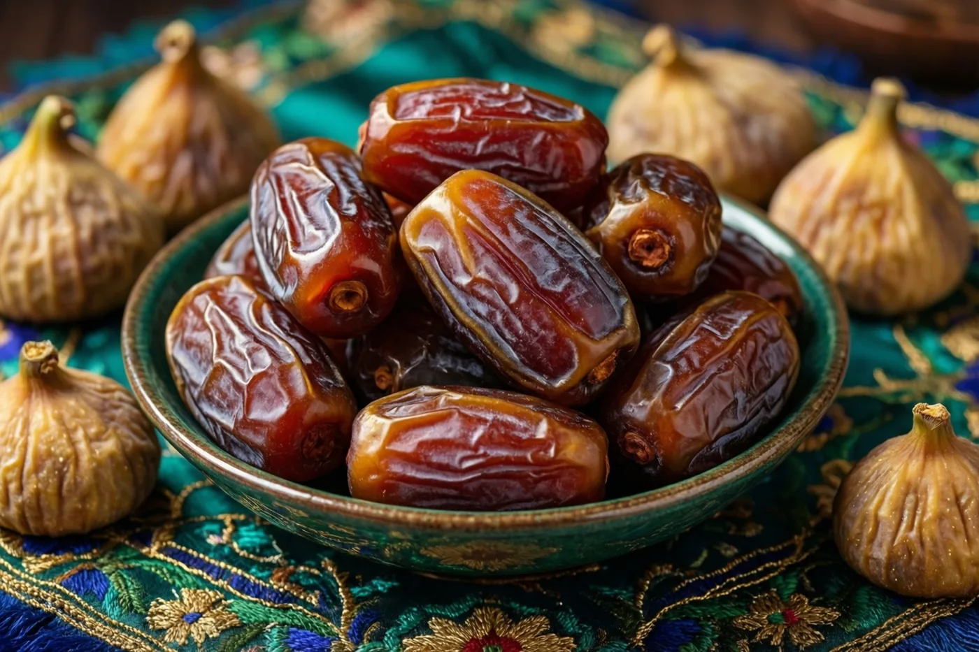 Een kom met dikke glanzende medjooldadels staat midden op een rijk geborduurde doek, met gedroogde vijgen eromheen in warme bruine en diepgroene tinten.