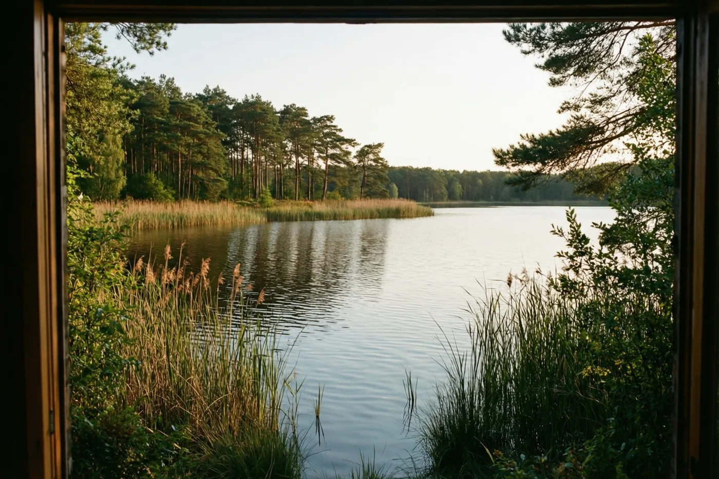 Door een houten raam is een kalm meer te zien met hoog riet en dennen in de verte, in zacht warm licht.