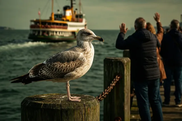 Een meeuw zit op een verweerde houten paal in een haven terwijl een veerboot wegvaart en mensen op de pier zwaaien, in gedempte grijze, groene en bruine tinten.