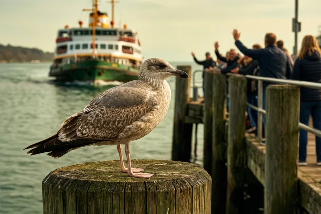 Een meeuw zit op een verweerde houten paal in een haven terwijl een groen-witte veerboot wegvaart en mensen op een houten pier zwaaien.