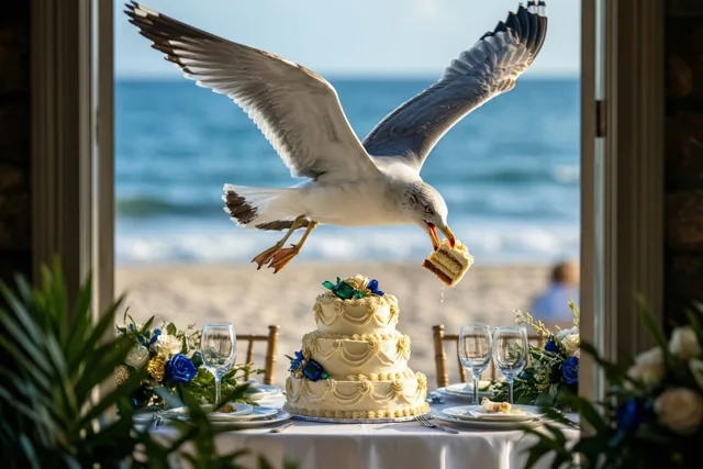 Door een raam is een vliegende meeuw te zien die een stuk bruidstaart meeneemt van een versierde tafel voor een strandreceptie, met strand en zee erachter.