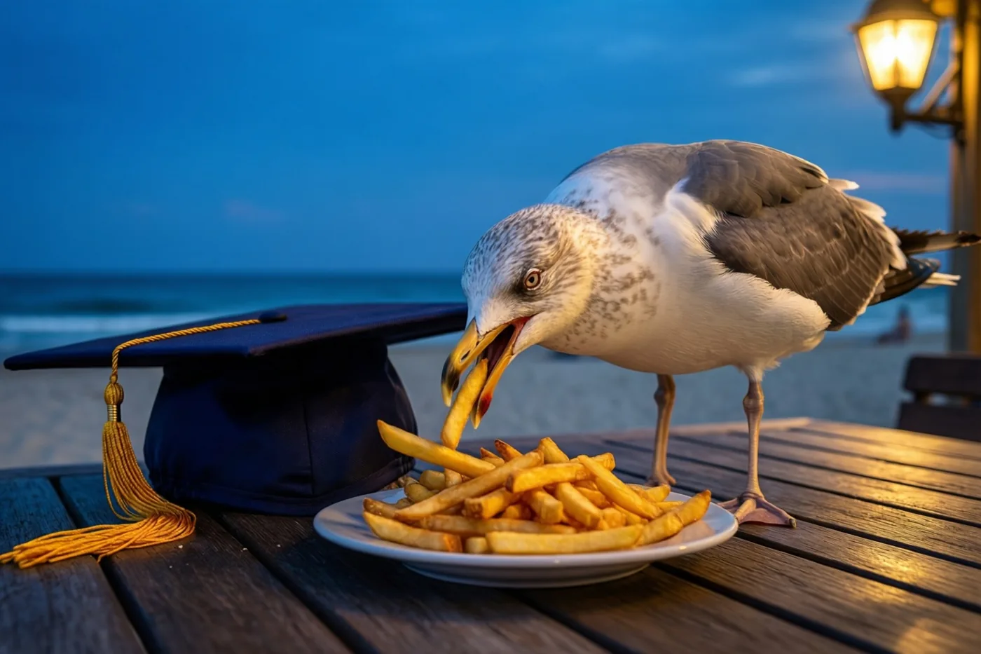Een meeuw eet frietjes van een wit bord op een houten tafel naast een afstudeerhoed, bij warm lamplicht met strand, zee en een schemerlucht op de achtergrond.