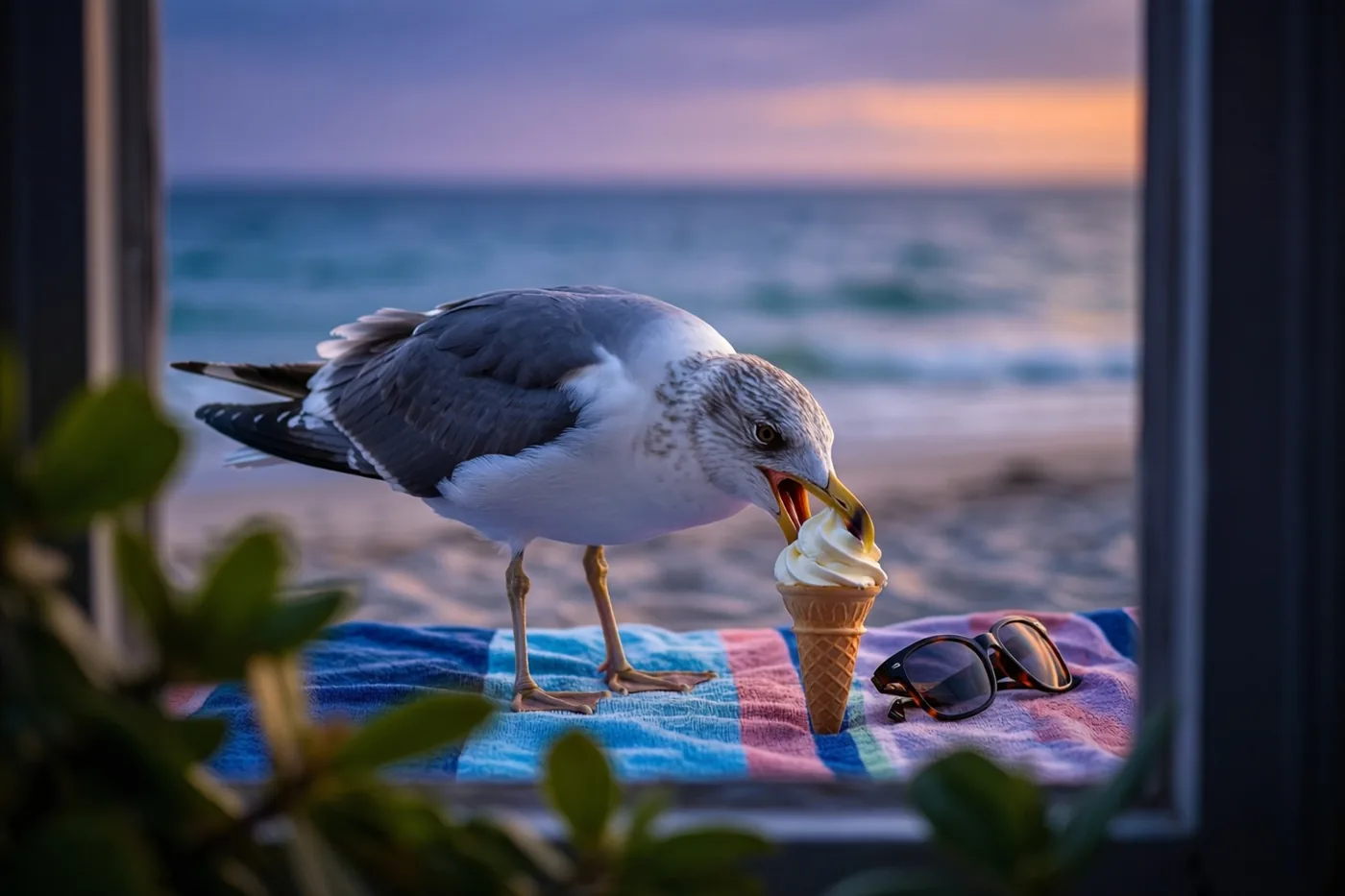 Door een raamkader is een meeuw te zien die een ijshoorntje eet op een kleurrijke strandhanddoek naast een zonnebril, met het strand bij zonsondergang op de achtergrond.
