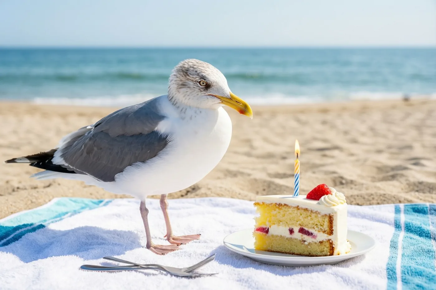 Een meeuw staat op een strandhanddoek naast een stuk verjaardagstaart met een brandende kaars, met de zee en een heldere lucht op de achtergrond.