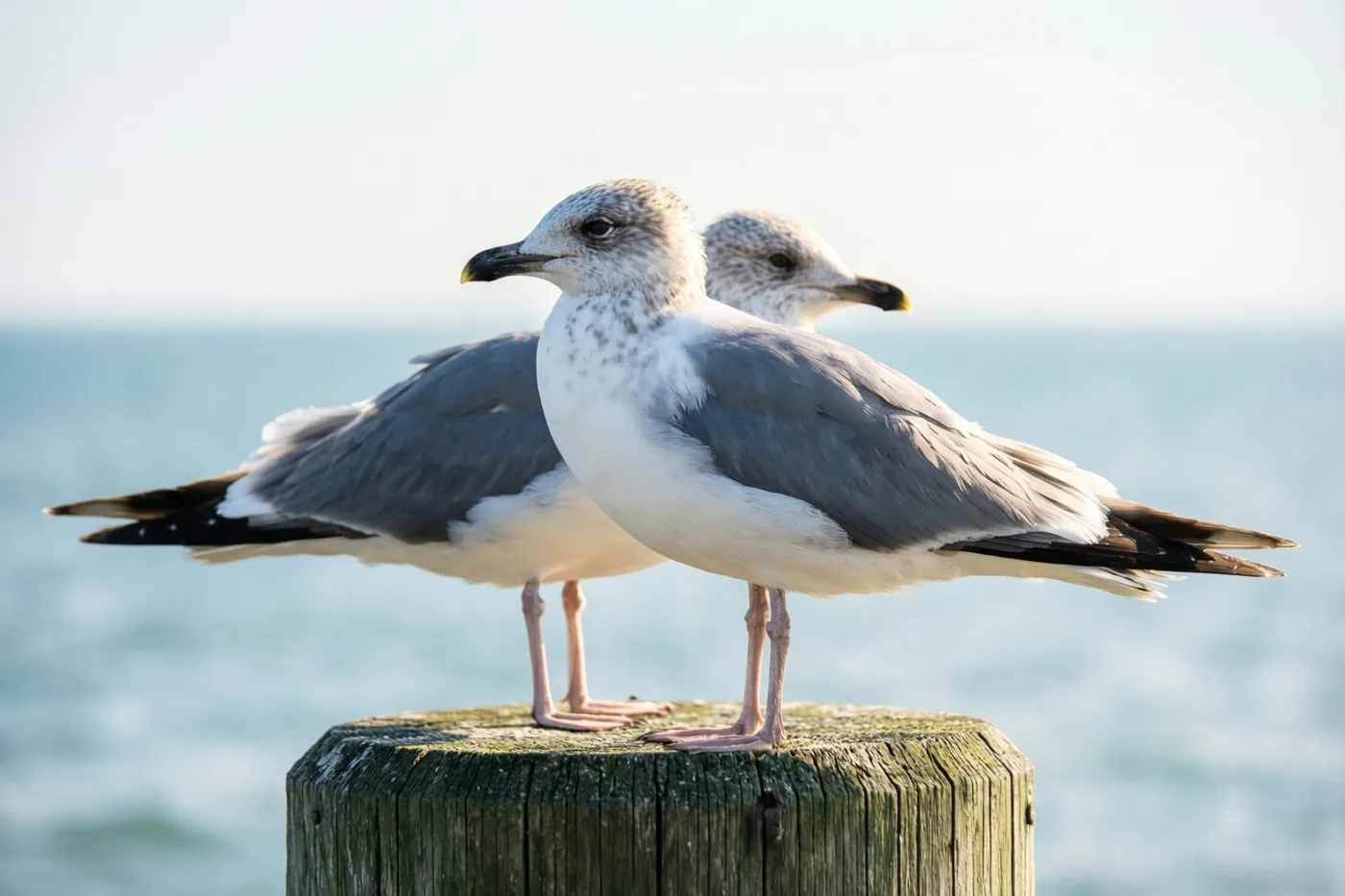Twee meeuwen zitten naast elkaar op een verweerde houten paal aan zee, met kalm water op de achtergrond in zacht natuurlijk licht.