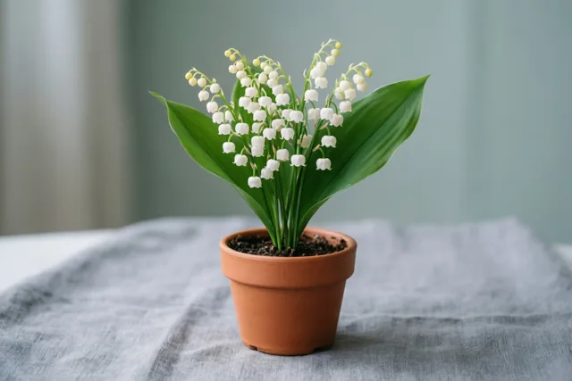 Meiklokjes met witte klokvormige bloemen en groene bladeren staan in een kleine terracottapot op een grijze linnen doek, in zacht licht tegen een gedempte achtergrond.