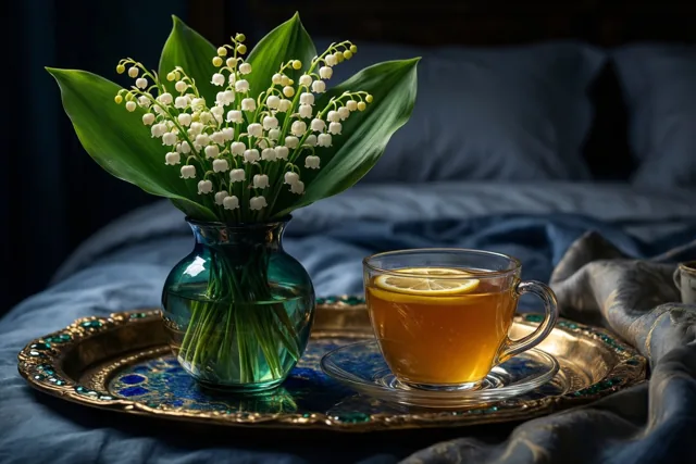 Een vaas met meiklokjes staat naast een glas thee met honing en citroen op een sierlijk dienblad op een bed met blauw beddengoed in zacht licht.
