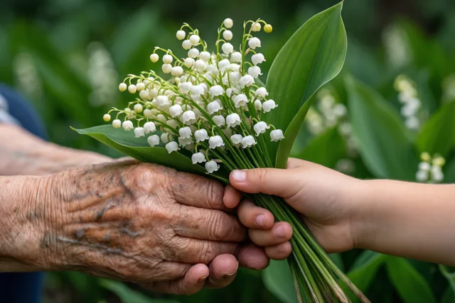 Een kleine kinderhand biedt een boeketje witte meiklokjes aan een gerimpelde hand van een oudere persoon aan, tegen een zacht onscherpe groene achtergrond.