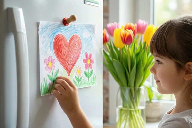 Een jong meisje raakt zacht een waskrijttekening met een groot rood hart en kleurrijke bloemen op een koelkastdeur aan, in een lichte keuken naast een vaas tulpen.