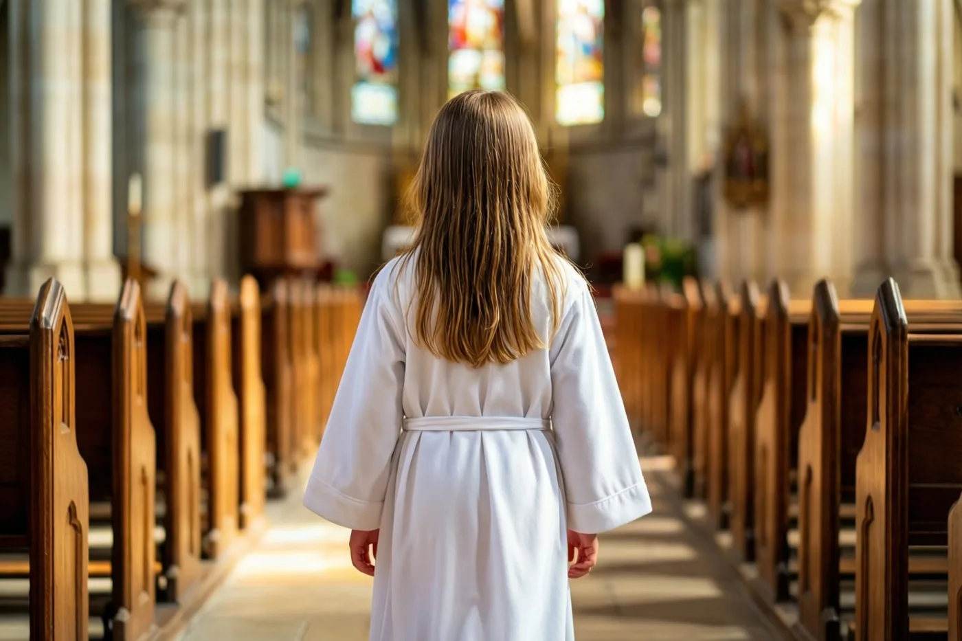Een jong meisje in een wit gewaad loopt door het gangpad van een stenen kerk, van achteren gezien in het warme licht van glas-in-loodramen.
