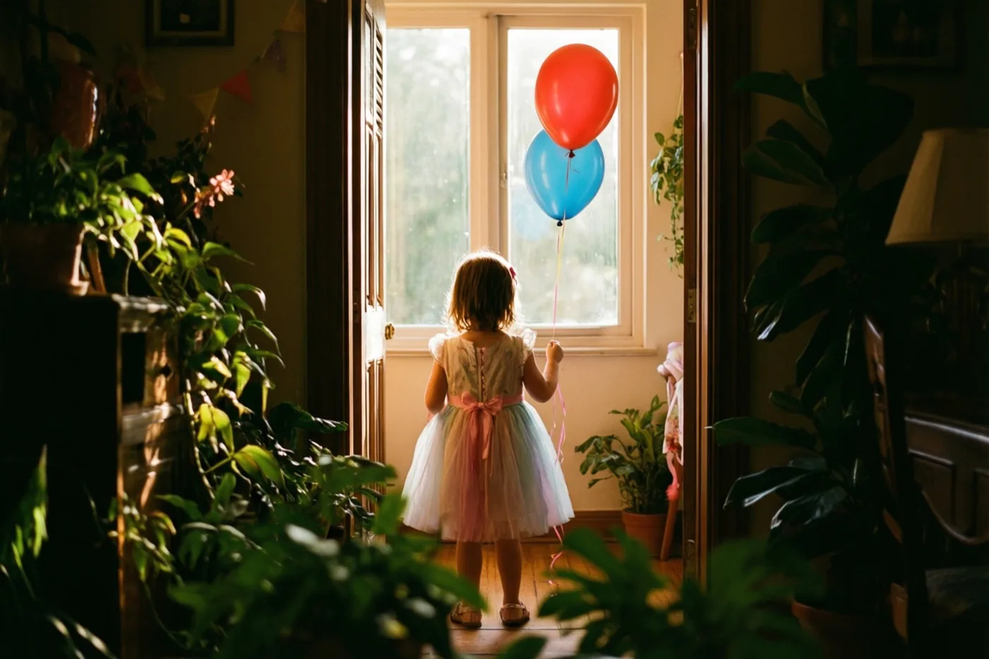Een klein meisje in een lichtgekleurd feestjurkje staat met haar rug naar de camera bij een raam met twee ballonnen, omringd door kamerplanten en vlaggetjes.