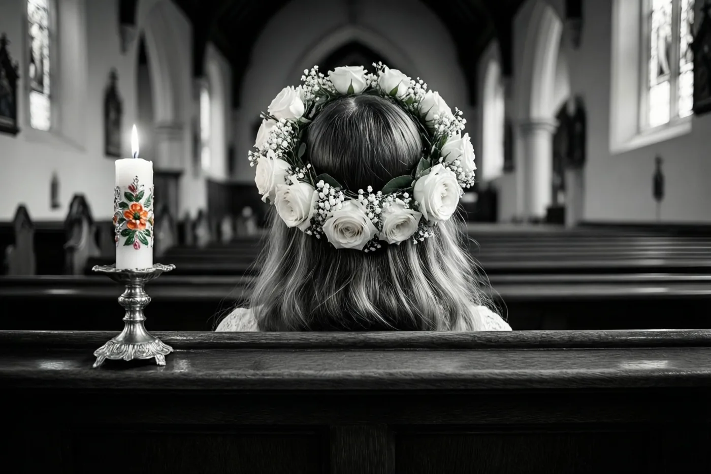 Een meisje met een witte bloemenkrans zit met haar rug naar de kijker op een kerkbank, in een zwart-witbeeld met links een brandende versierde kaars op een zilveren kandelaar als kleuraccent.