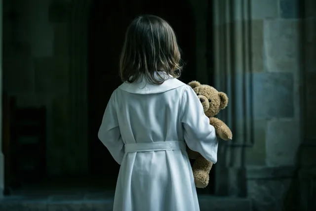 Een meisje in een wit communiegewaad staat met haar rug naar de camera en een bruine teddybeer in een schemerig stenen gebouw met blauwe en grijze tinten.