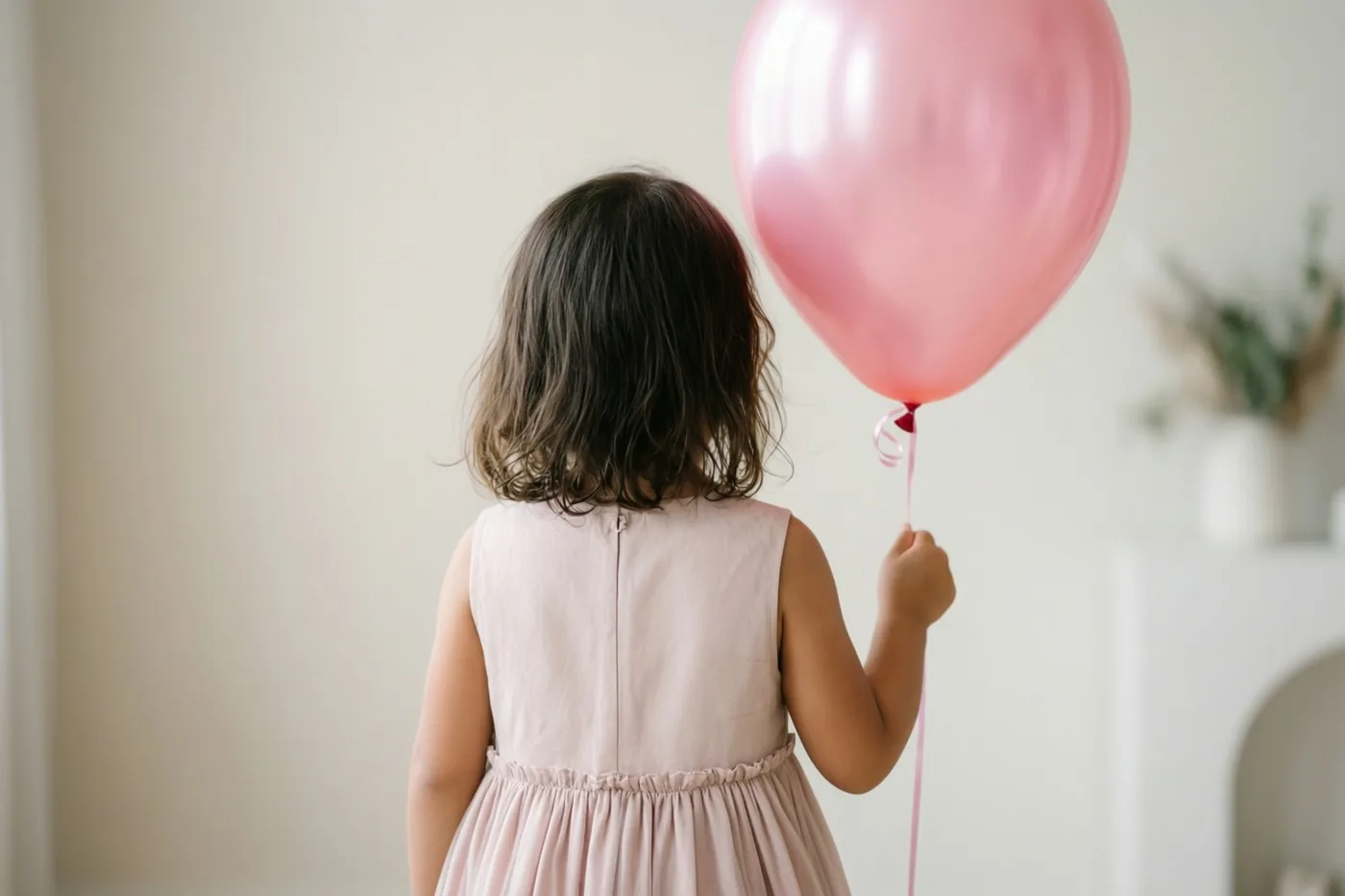 Een jong meisje met donker haar staat met haar rug naar de camera in een lichtroze mouwloos jurkje met een grote roze ballon, voor een lichte muur in zacht daglicht.