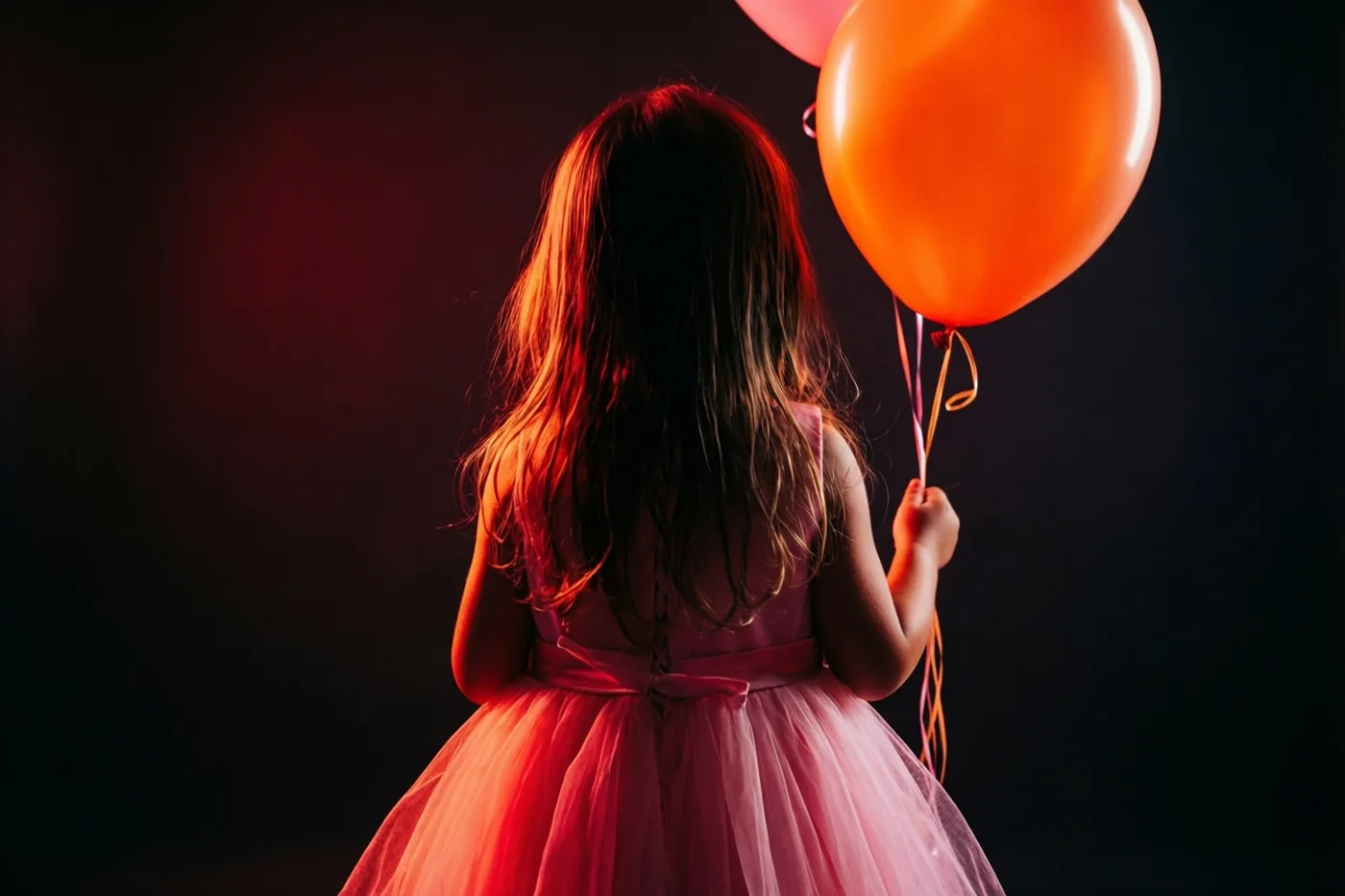 Een klein meisje in een roze feestjurk houdt een oranje ballon vast met haar rug naar de camera, tegen een donkere achtergrond in warm rood licht.