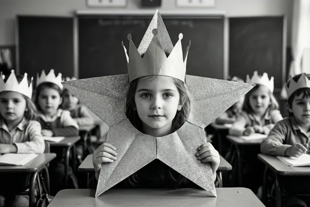Een zwart-witfoto toont een meisje met een papieren kroon dat een grote glinsterende papieren ster met een uitsparing voor haar gezicht vasthoudt, met andere gekroonde kinderen aan schoolbanken achter haar.