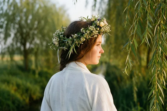 Een meisje in een wit gewaad en met een bloemenkrans staat in profiel met haar gezicht afgewend tussen wilgen in een polderlandschap in warm goudkleurig licht.