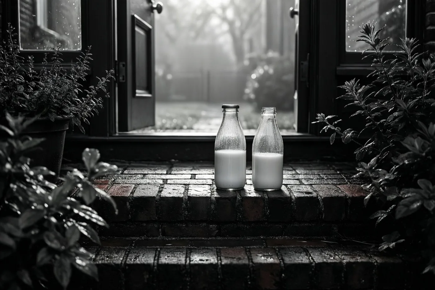 Twee glazen flessen met melk staan op een natte bakstenen drempel, met dauw op de stenen en de planten eromheen in vroeg ochtendlicht.