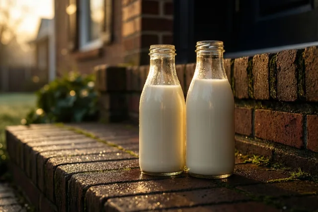 Twee glazen flessen met melk staan op een natte bakstenen drempel in warm, vroeg zonlicht.
