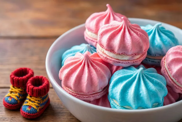 Een witte kom met roze en blauwe meringues staat op een houten oppervlak naast kleine gebreide babyslofjes.
