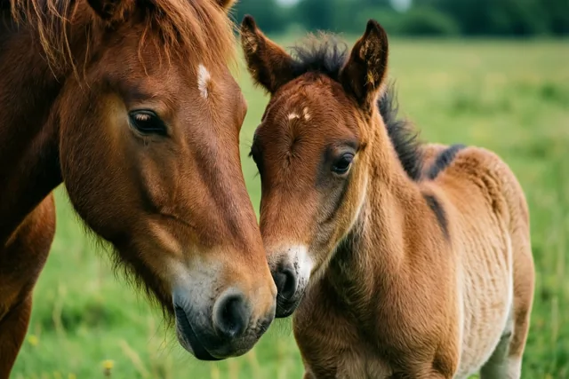 Een bruine merrie en haar veulen staan van dichtbij gezien naast elkaar in een groene wei in natuurlijk licht.