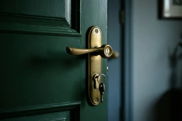 Een donkergroene voordeur met een glanzende messing deurklink en een sleutel in het slot is van dichtbij te zien, met gedempt blauwe binnenmuren op de achtergrond.