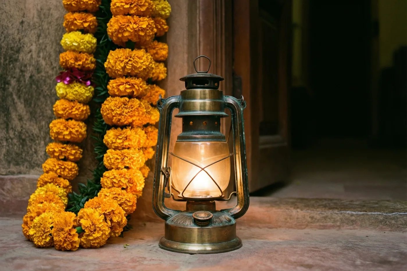 Een brandende messing lantaarn staat op een stenen vloer naast een bloemenslinger tegen de muur van een zwak verlichte deuropening, in gouden, oranje en bronzen tinten.