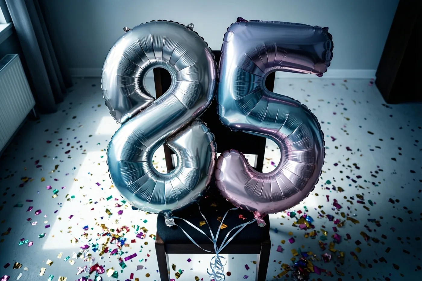 Twee grote metallic ballonnen in de vorm van 8 en 5 zijn vastgemaakt aan een stoel in een kamer met daglicht en confetti op de vloer.