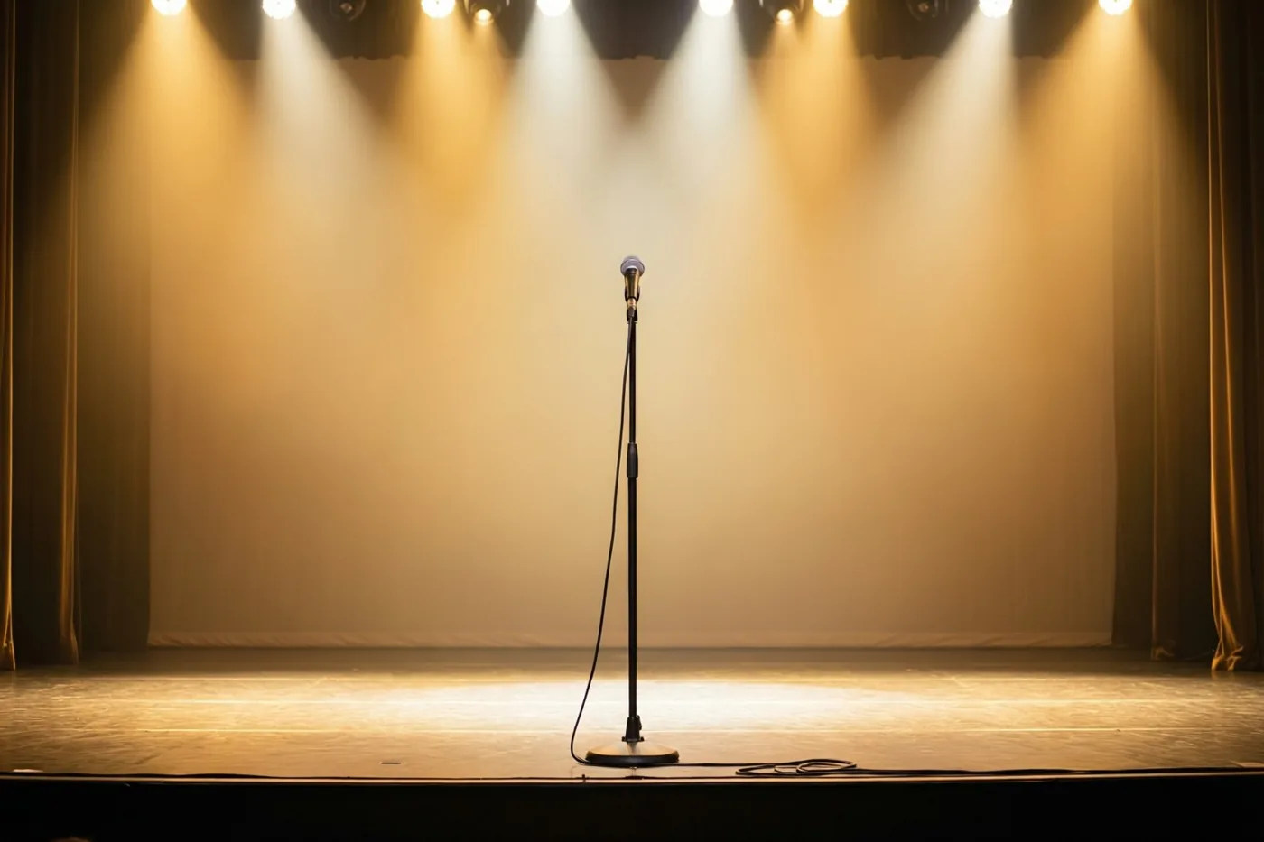 Een enkel microfoonstatief staat centraal op een leeg concertpodium onder warme goudgele spots.