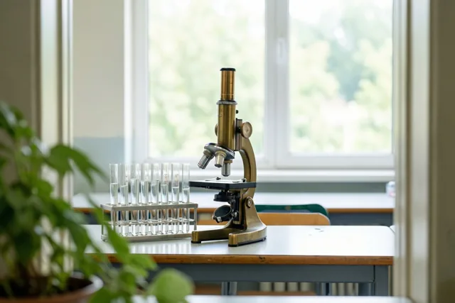 Een messing microscoop en een rek glazen proefbuizen staan op een schoollaboratoriumtafel bij een raam in zacht daglicht, met groen blad op de voorgrond.