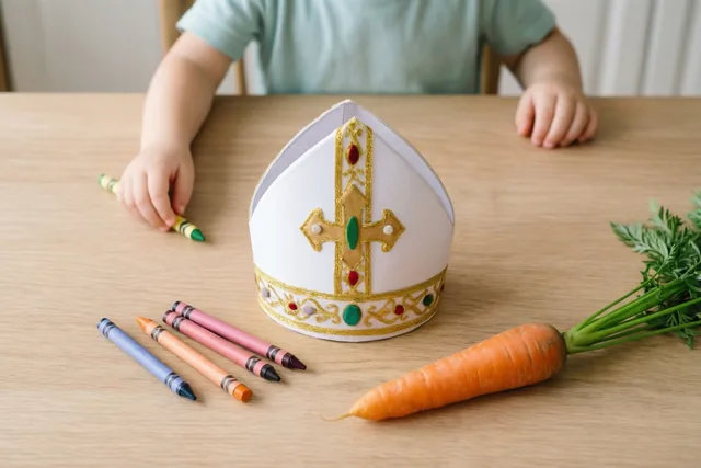 Een papieren kindermijter staat met waskrijtjes en een wortel op een houten tafel in een lichte keuken, met een kind deels zichtbaar op de achtergrond.