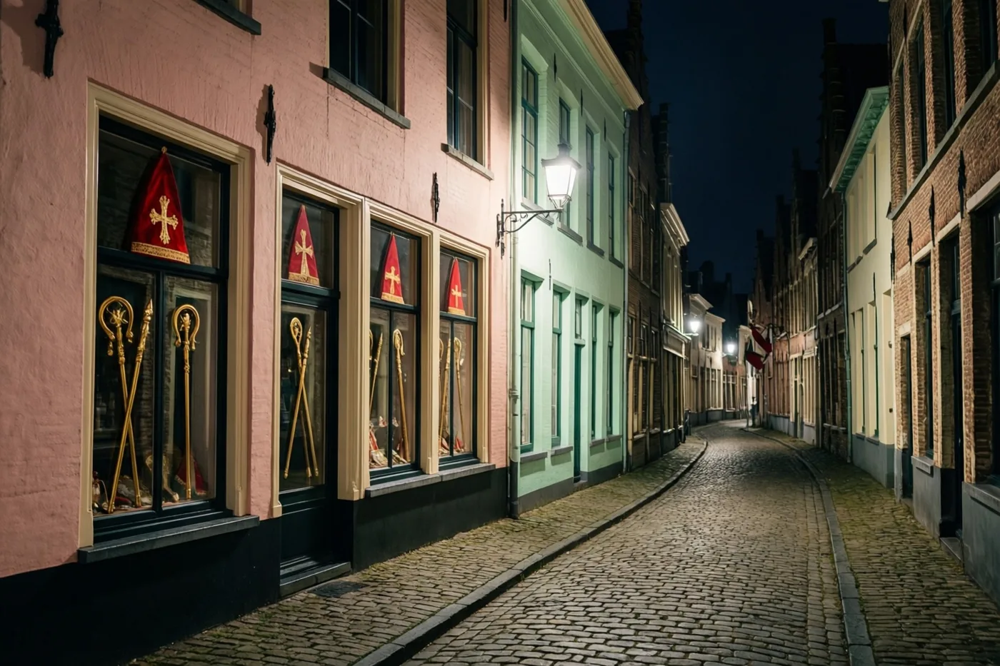 In een smalle gekasseide straat van een Vlaams dorp staan 's nachts rode mijters en gouden staven in de ramen van kleurrijke gebouwen.