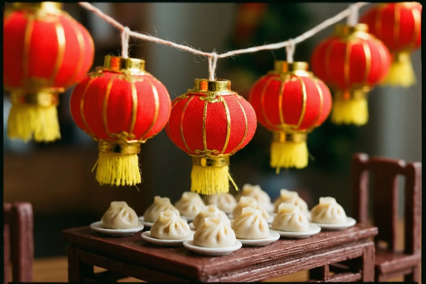 Rode miniatuurlantaarns met gouden randen hangen boven een kleine houten tafel met kleine dumplings op aparte bordjes, in warm licht.
