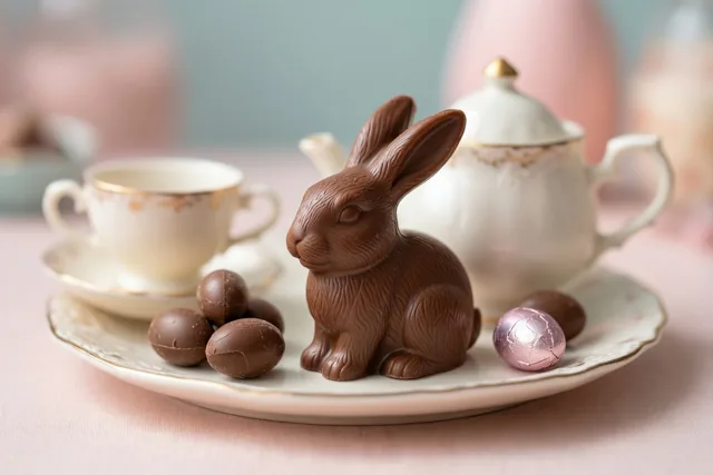 Een chocoladehaasje en chocolade-eieren zijn uitgestald op een miniatuurtheeservies van porselein met een theepot en kopje, op een roze tafelkleed.