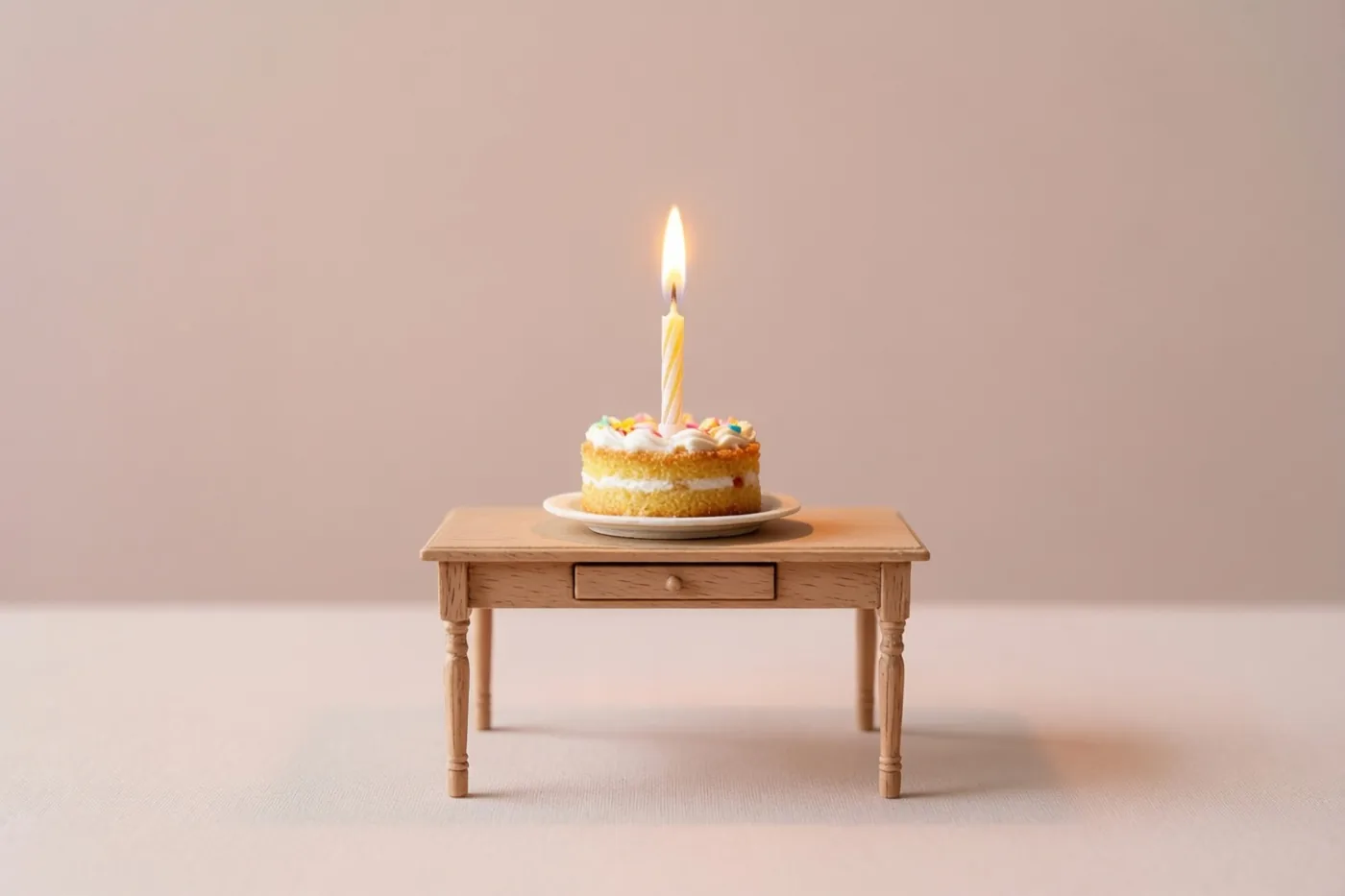 Een miniatuurtaartje met één brandend kaarsje staat op een klein houten poppenhuistafeltje tegen een zachtroze achtergrond in warm licht.