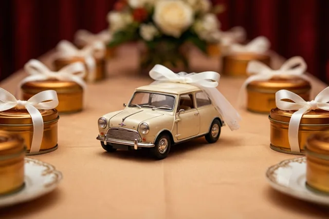 Een miniauto vol huwelijksgeluk