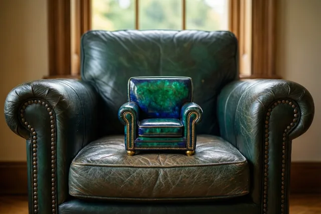 Op de zitting van een grote, versleten groene leren fauteuil staat een kleine bijpassende miniatuurfauteuil in een zonnige kamer.