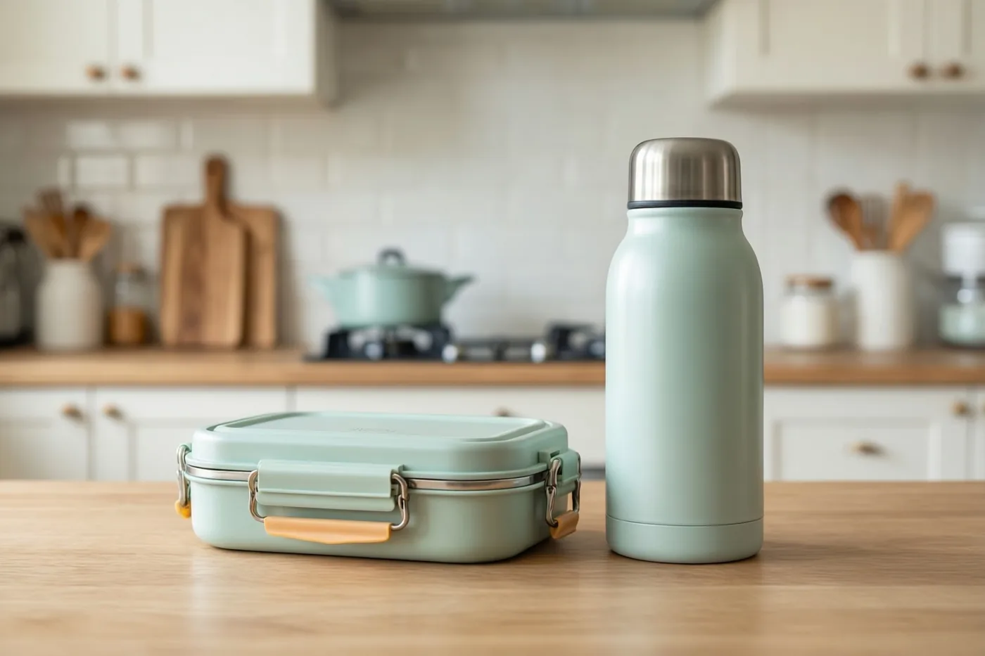 Een mintgroene brooddoos en thermos staan 's ochtends op een houten aanrecht in een lichte keuken met witte kasten.
