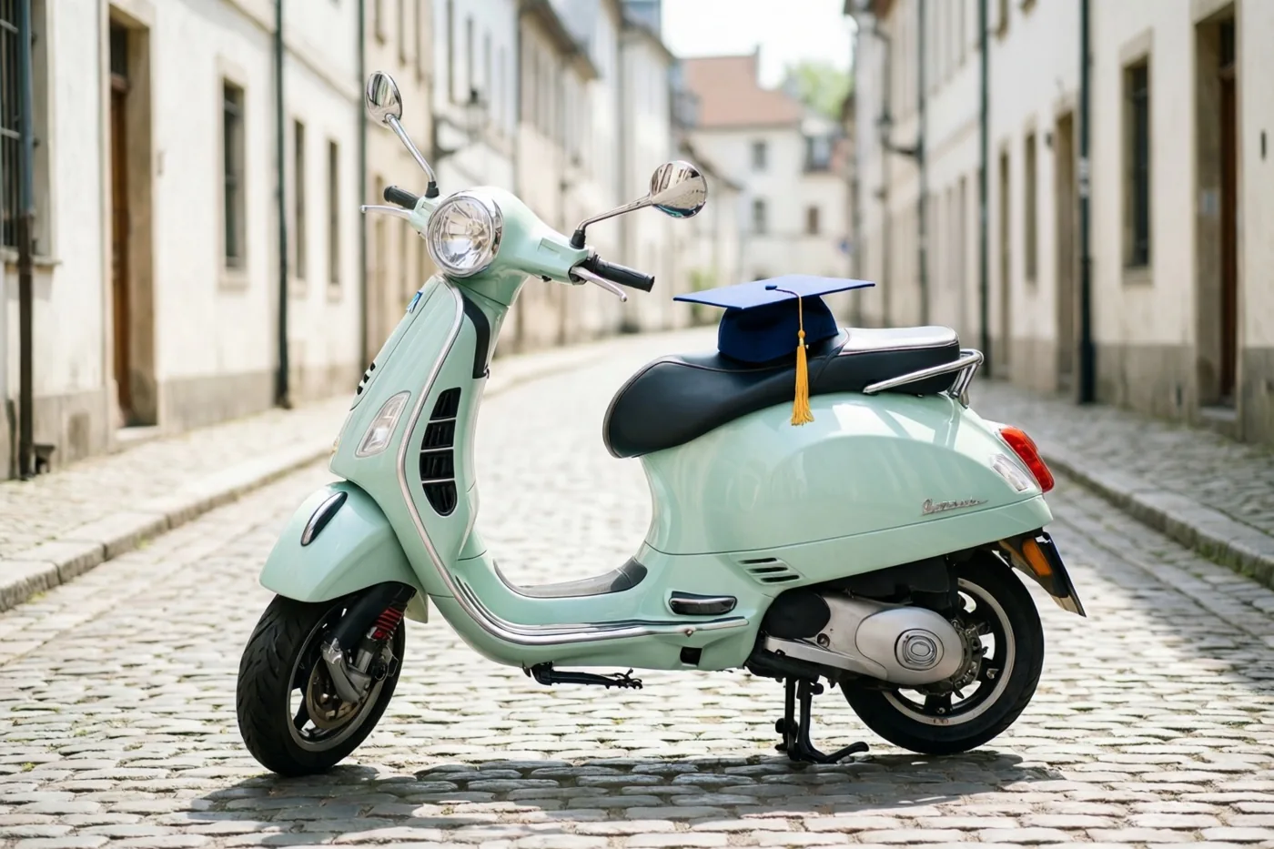 Een mintgroene retro-scooter staat op kasseien in een smalle straat met lichte gebouwen, met een blauwe afstudeerhoed op de zwarte zitting.