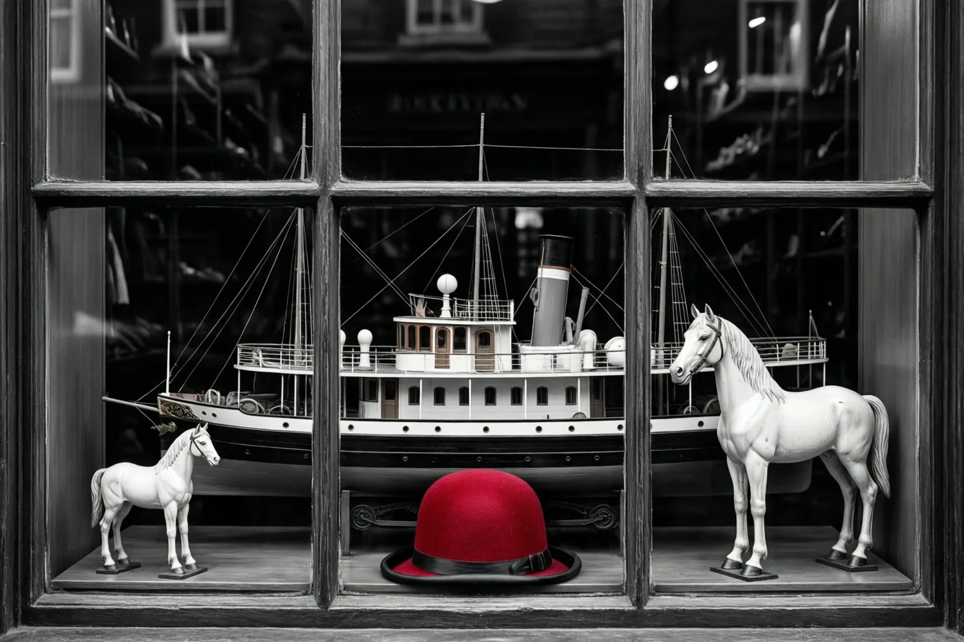 Een zwart-witfoto toont een winkelraam met een modelstoomboot, twee witte speelgoedpaarden en een bolhoed op de voorgrond.