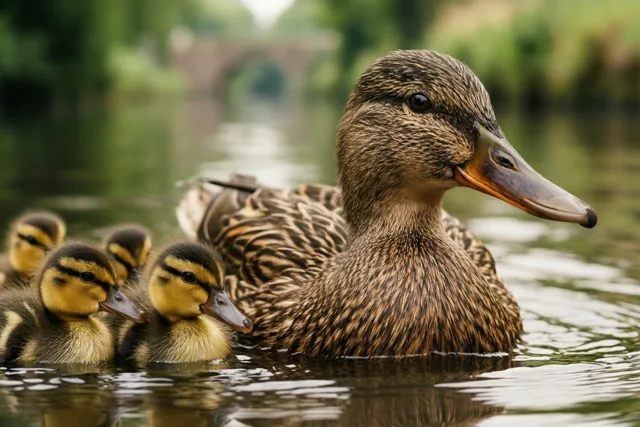 Een moedereend zwemt met haar kuikens in een rustig kanaal omgeven door groen, in bruine, groene en gele tinten.