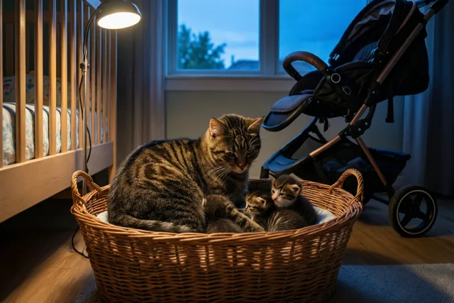 Een getijgerde moederpoes zoogt haar kittens in een rieten mand naast een kinderwagen in een babykamer, met warm licht van een vloerlamp en blauwe tinten bij het raam.
