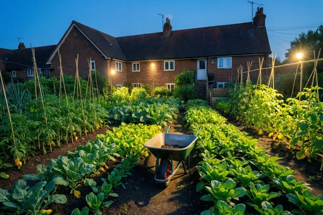 Rijen groene plantjes en een kruiwagen staan in een moestuin achter een bakstenen rijhuis, in warm kunstlicht onder een diepblauwe schemerlucht.
