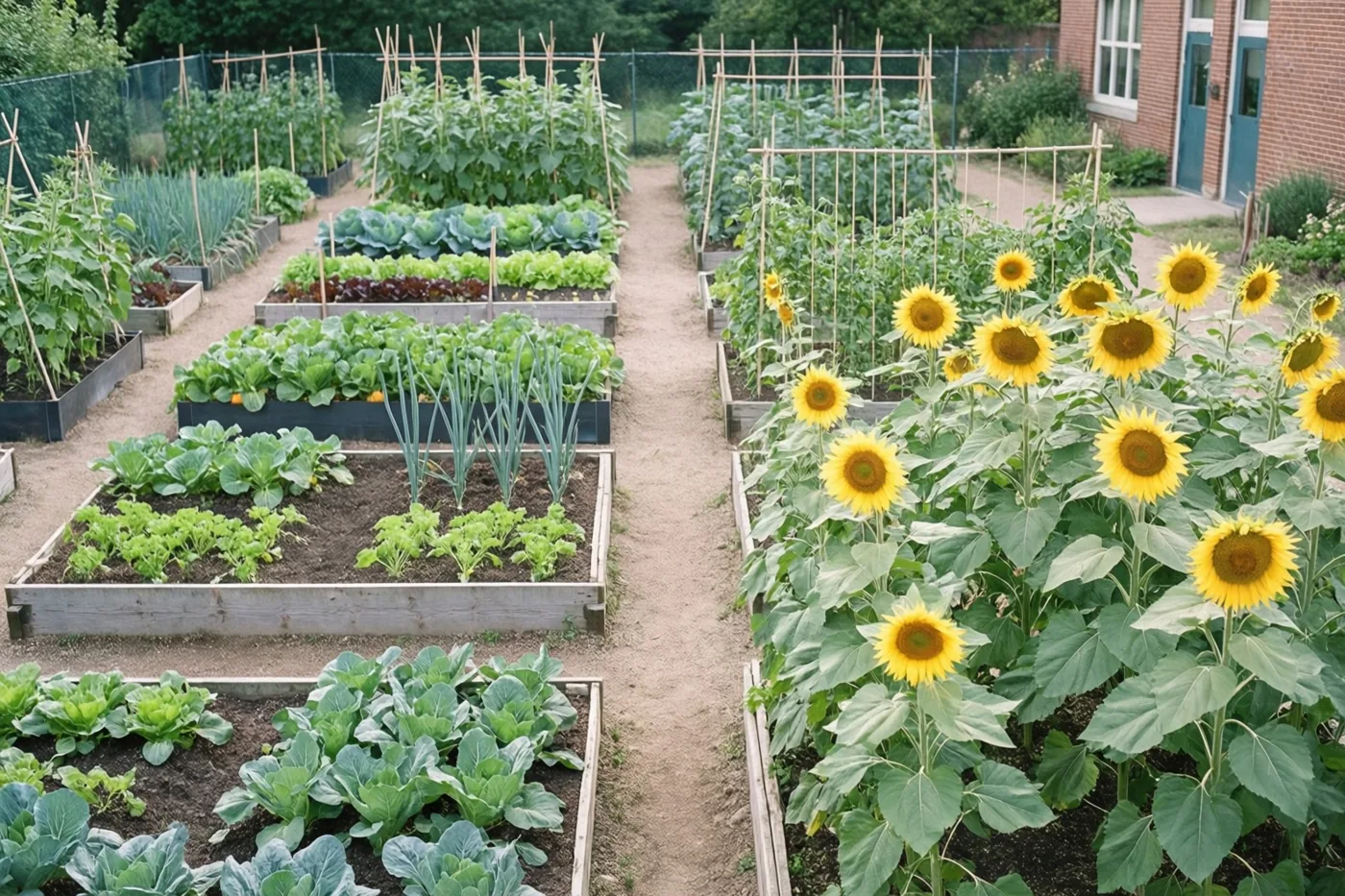 Verhoogde moestuinbedden met bladgroenten en andere gewassen liggen naast een pad en een rij hoge zonnebloemen bij een bakstenen gebouw.