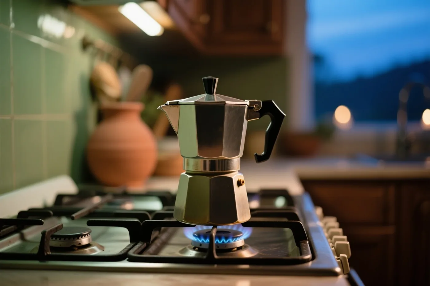 Een zilverkleurig mokkapotje staat op een brandend gasvuur in een warm verlichte keuken met groene tegels en houten kasten, met blauwe avondschemering door het raam.