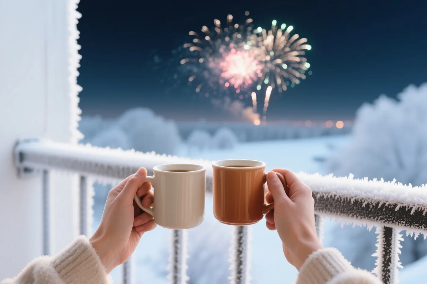 Twee handen houden mokken vast op een balkon bedekt met rijp, met in de verte vuurwerk tegen een donkere winternacht.